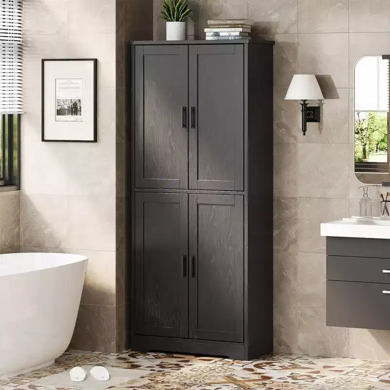 70 Tall Kitchen Pantry Cabinet, Freestanding Cupboard Storage Cabinet with Adjustable Shelves, Wooden Coffee Bar Cabinet for Living Room