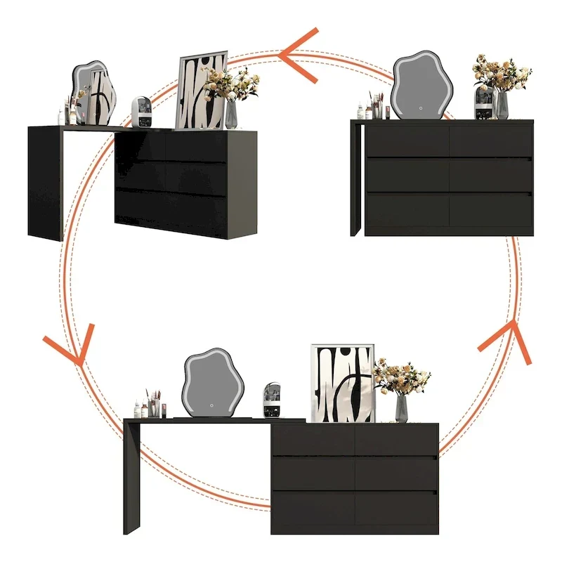 32.7H Rotating Dresser and Desk 6 Drawer Dresser Makeup Vanity White/Black