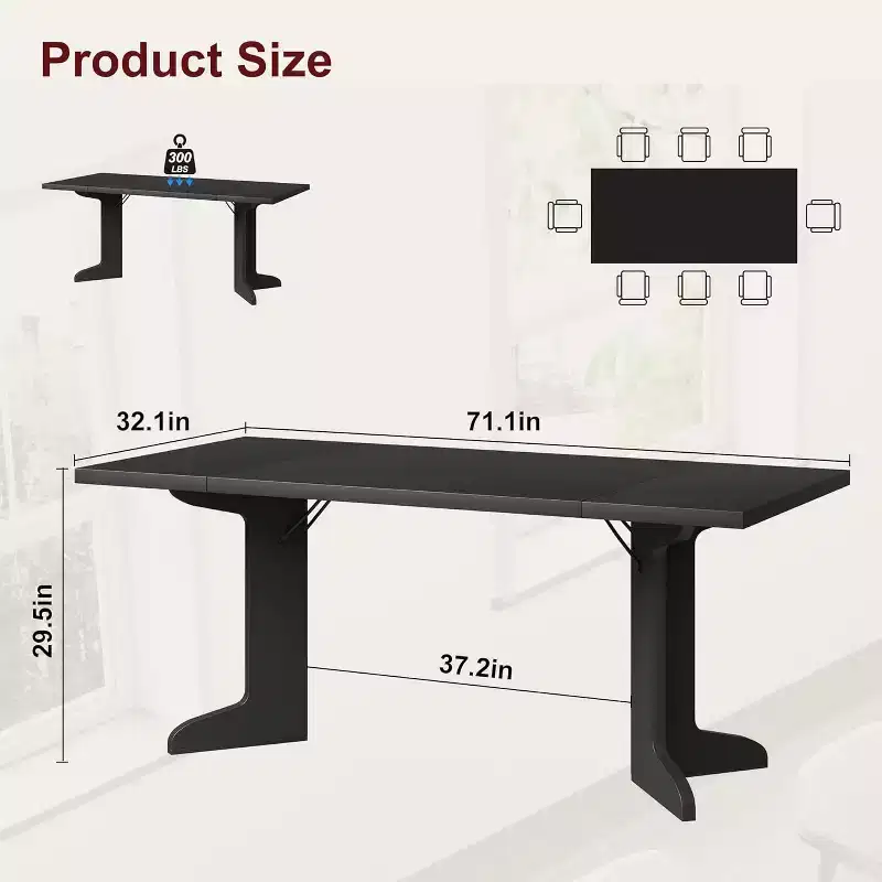 71 Dining Table for 6 to 8 People, Modern Dinner Table with Unique Wooden Legs, No Chairs