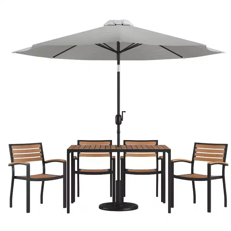 Merrick Lane 7 Piece Dining Set with Umbrella & Base - Steel Framed Table with Umbrella Hole & 4 Club Chairs
