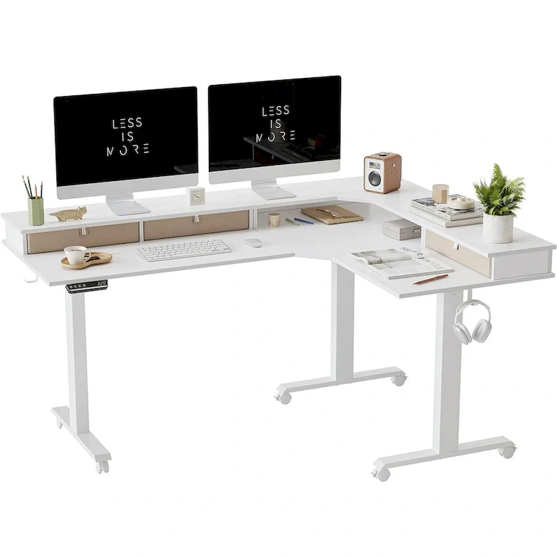 L-Shaped Electric Standing Desk with 3 Drawers & Lockable Casters, 63