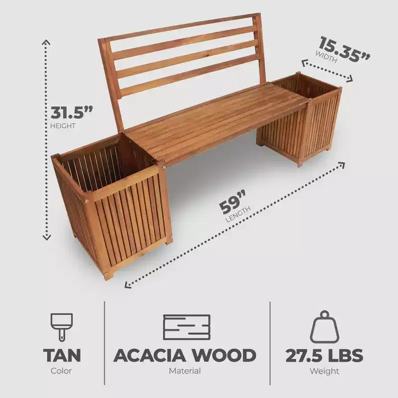 Leigh Country Multifunctional Durable Hardwood Bench with Planter Boxes, Tan