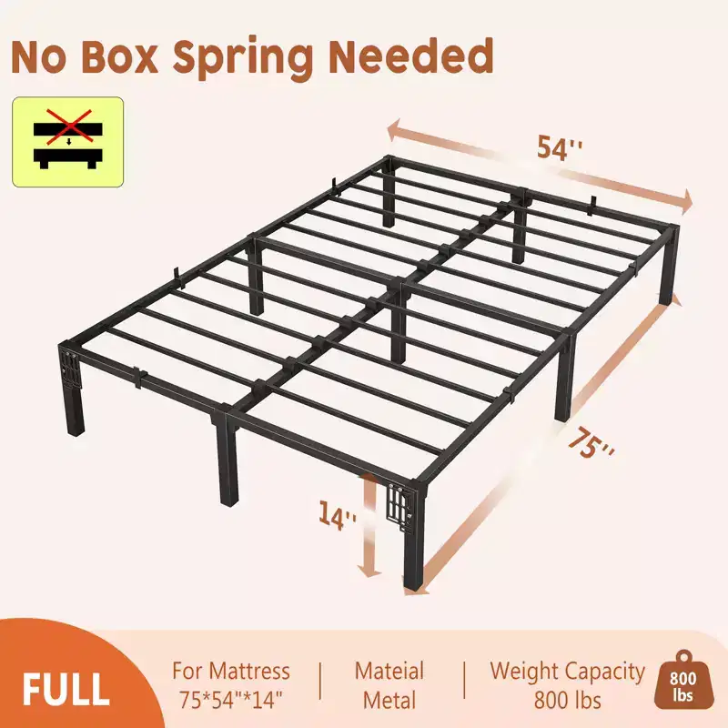 Full Metal Bed Frame, 14 High Platform Bed Frame, Heavy Duty 800Lbs Capacity, No Box Spring, No Screws Needed with Reinforced Slats, Easy Assembly