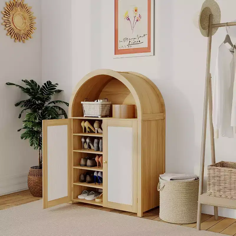 5 Tier Arched Shoe Storage Cabinet with Rattan Doors, Farmhouse Freestanding Shoe Rack Cabinet with Adjustable Shelves for Entryway, Hallway