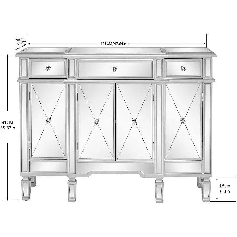 VINGLI Mirrored Console Table, Modern Buffet Cabinet/Sideboard/TV Stand with 3 Drawers and 4 Doors (Silver, 48 L x 14 W x 36 H)