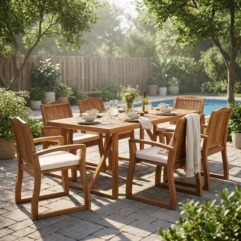 7-Piece Outdoor Dining Set with Acacia Wood Table and 6 Cushioned Chairs, Patio Dining Furniture for Backyard, Deck & Poolside-Panipeachy
