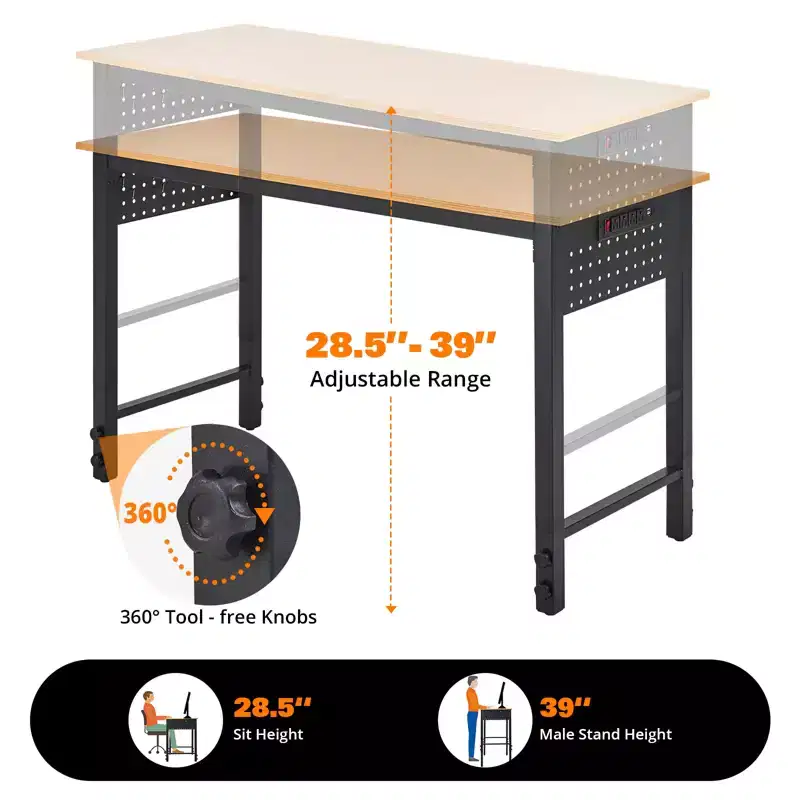 Adjustable Workbench, 2000 LBS Load Capacity Workbench, Mobile Work Table with Locking Casters, Height Adjustment Range, for Garage, Workshop