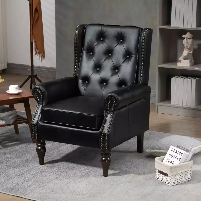 Wood Frame Armchair, Sturdy Wood Legs, Living Room Bedroom, Black PU
