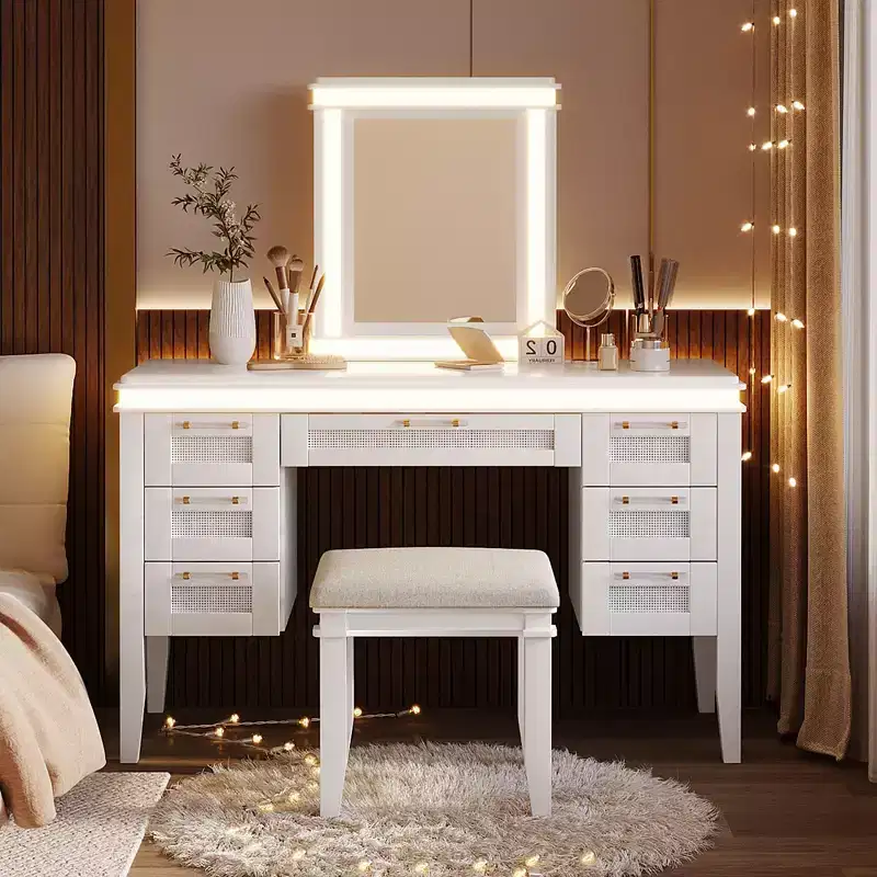 48-Inch Modern Makeup Vanity Desk with Lighted Mirror, 7 Drawers, Matching Stool for Bedroom, Light Beige Finish
