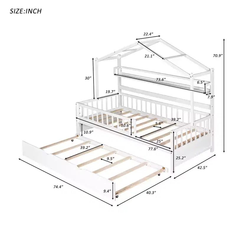 Luxystar Wood House Bed Frame with Trundle and Shelves, White