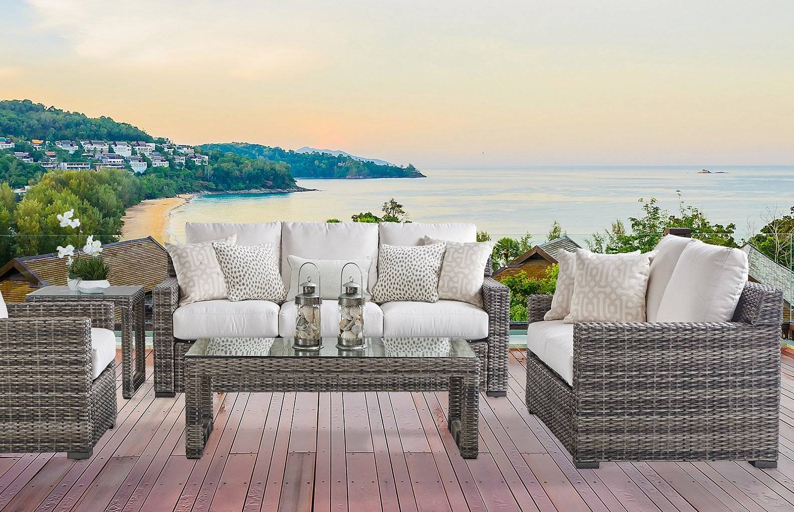 Outdoor Wicker Loveseat Sandstone All-Weather Aluminum Frame