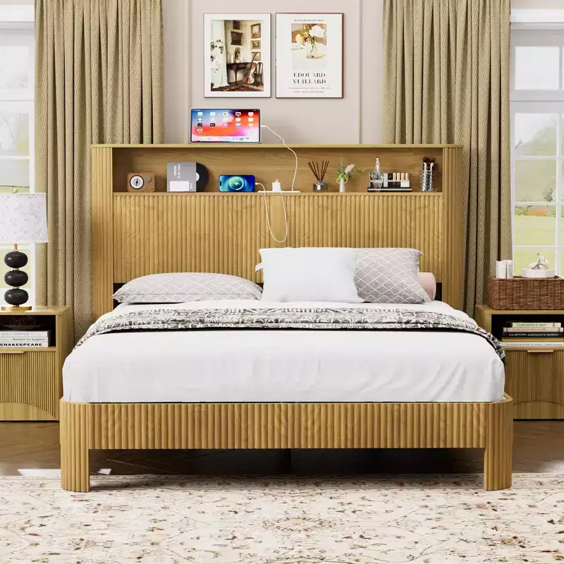 ModernLuxe Queen/Full XL Size Bed Frame with Storage Headboard, Built-in Charging Station, Wavy Design, Quiet Support