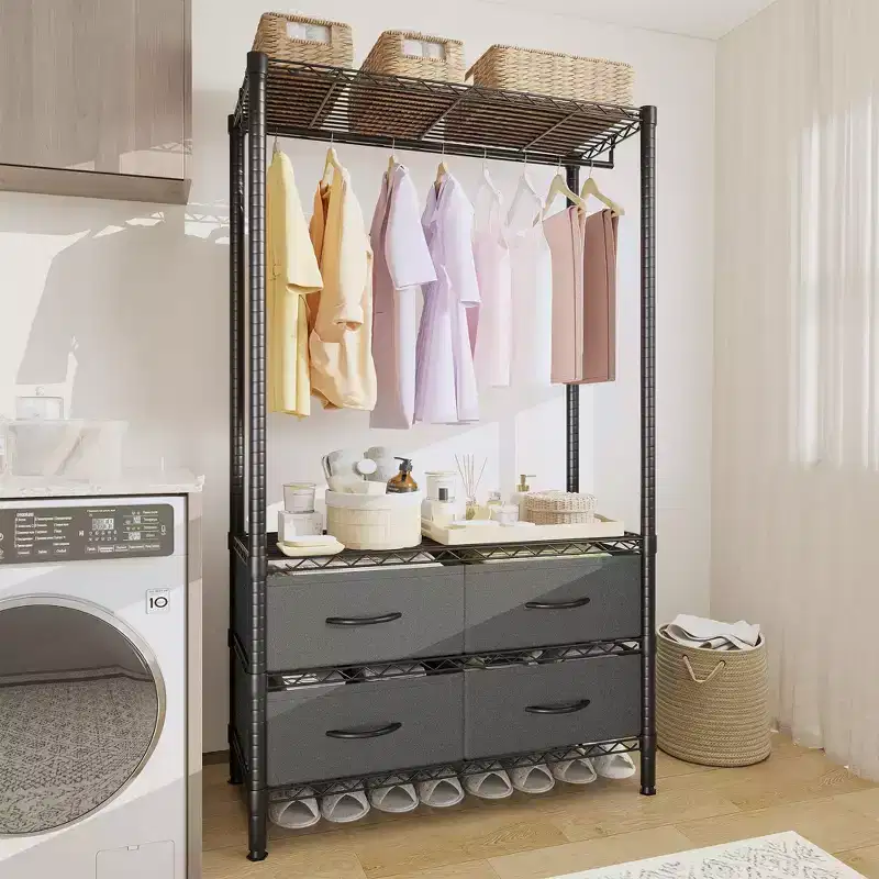 Metal Garment Rack for Hanging Clothes, 35'' Freestanding Garment Rack with Adjustable Shelves & 4 Fabric Drawers, Heavy Duty Clothes Hanger