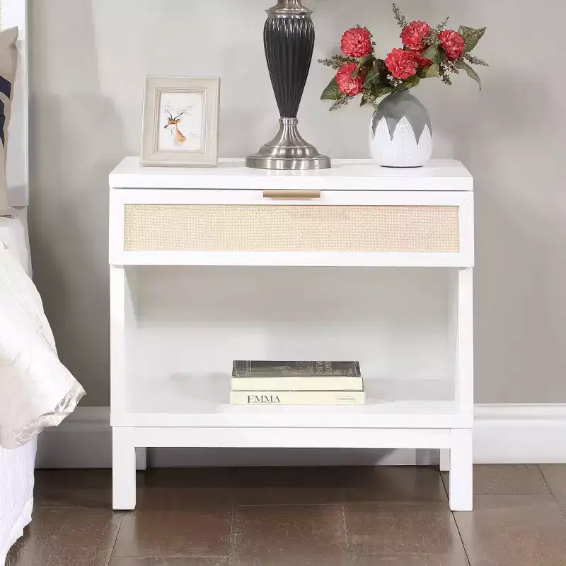 Comfort Pointe Bayport Nightstand White with Cane Inset: Coastal Style, 1 Drawer, Poplar Frame, No Assembly Required