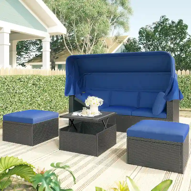 HOMEFUN Outdoor Rattan Wicker Patio Rectangle Daybed with Retractable Canopy
