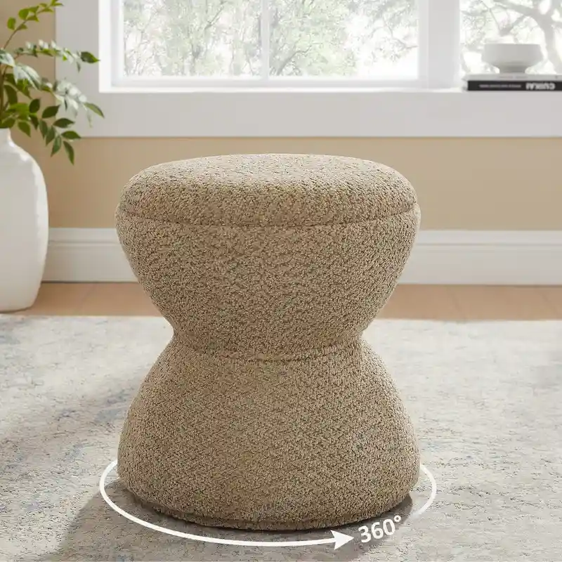 Drum-Shape Boucle Ottoman with 360° Swivel Base – Grey / Yellow / Green / White / Tan, 1-Person Use