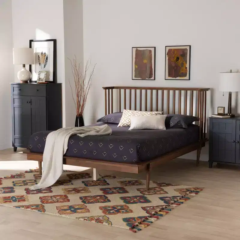 Flint Mid-Century Modern Ash Walnut Finished Wood Platform Bed