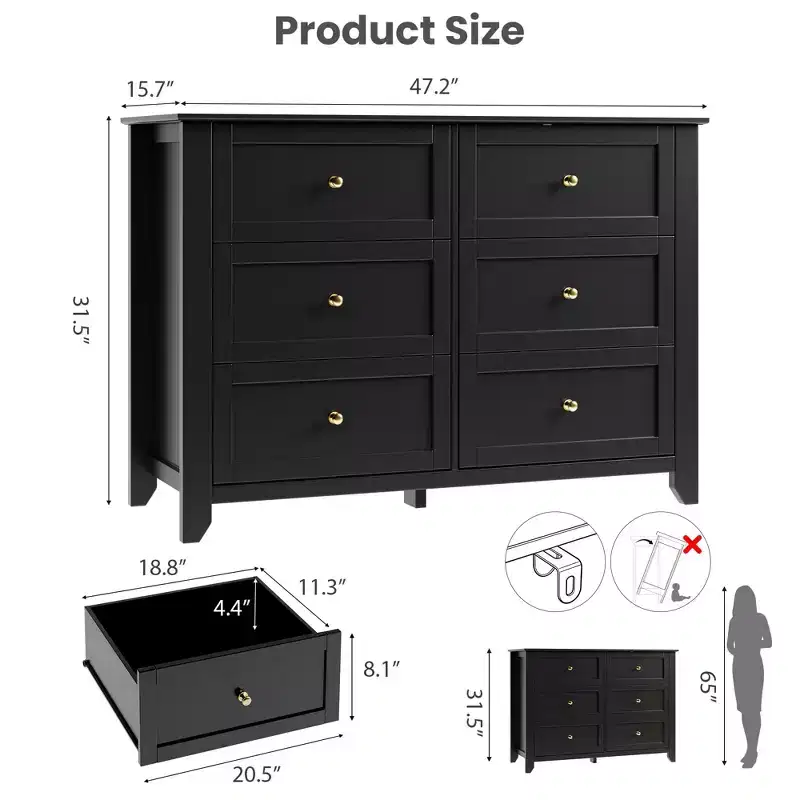 6 Drawer Dresser for Bedroom, 47W Wooden Chest of Drawers with Metal Knobs, Dresser TV Stand, Clothes Storage Organizer for Bedroom, Brown