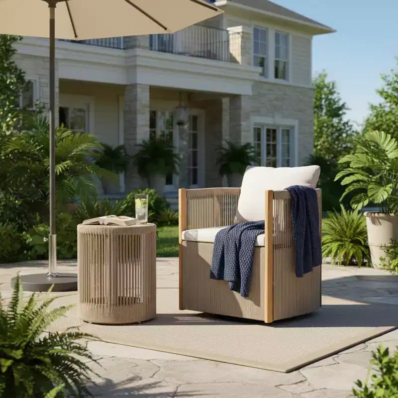 ModernLuxe 2/3-Piece Outdoor Swivel Conversation Set, Rope Wicker Swivel Chairs & Acacia Wood Side Table, Small Space Patio Furniture Set