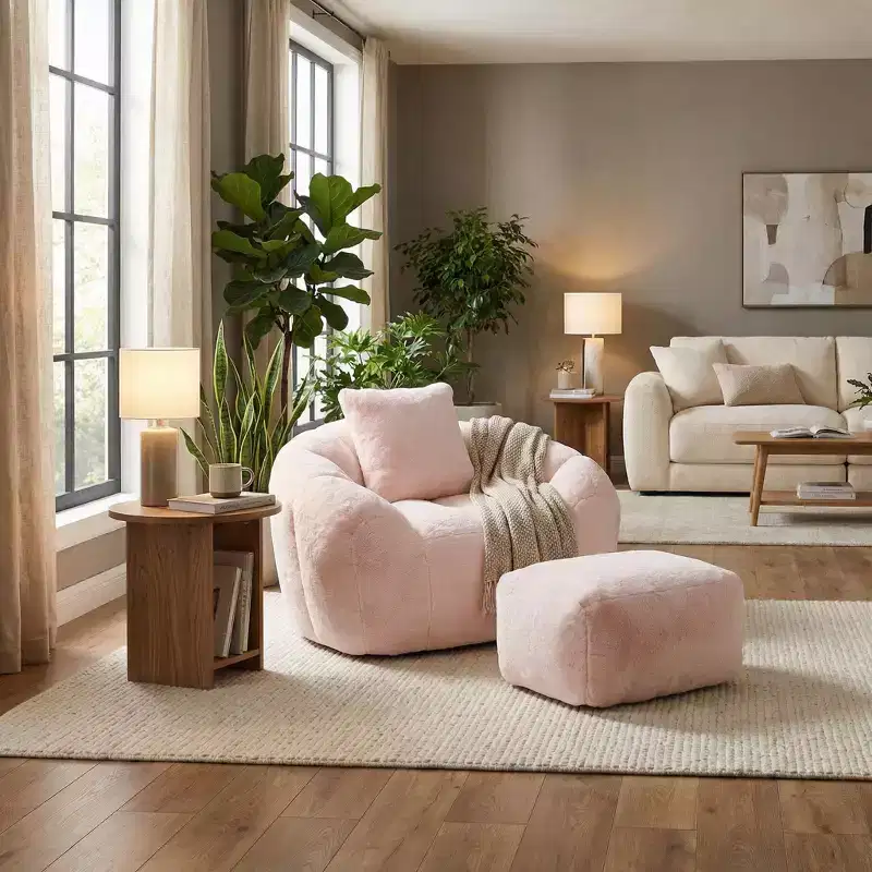 FurnitureR Plush Teddy Fabric Accent Chair with Footstool, Cozy Lounge Armchair and Ottoman Set for Living Room, Bedroom or Reading Nook