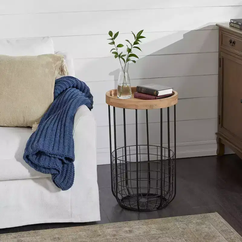 Industrial Round Metal Accent Table in Black with Basket Base