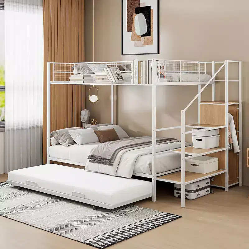 Okak Twin Over Full Bunk Beds for Kids, Metal Platform Bed Frame with Trundle and Lateral Storage Ladder, Wardrobe for Bedroom, White