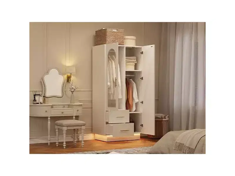 2-Door Storage Cabinet with Glass Door, Contemporary Wooden Organizer Unit with Hanging Rods and 2 Drawers, Tall Storage Cabinet