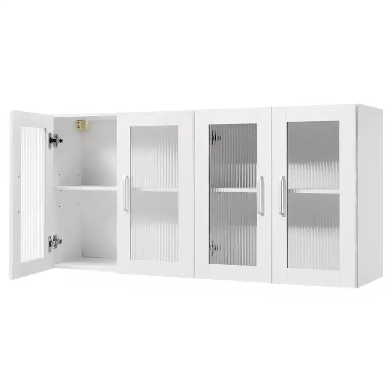 VEVOR Laundry Room Wall Cabinet, 2-Tier Wall Mounted Cabinet with Adjustable Shelf, Cupboard Storage with 4 Doors, Set of 2, White