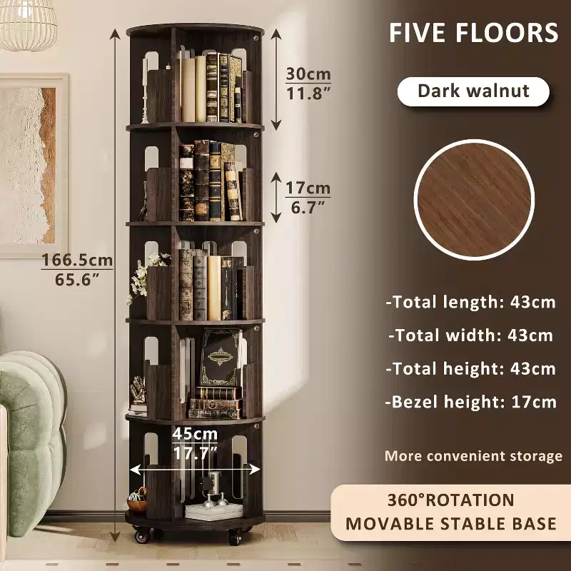 ATJafurn 17.7'' 360 Rotating Bookshelf Tower Revolving Corner Bookcase, Mid-Century Modern Dark Walnut Spinning Bookshelves For Home Office Corner