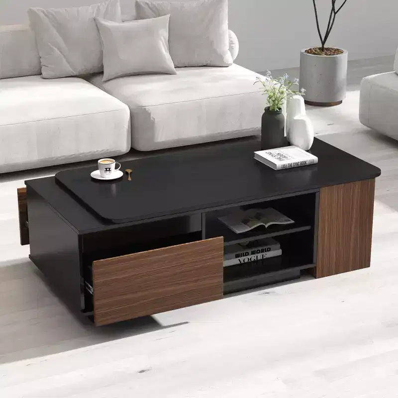 Modern Extendable Coffee Table with 2 Drawers and 2-Tier Shelves