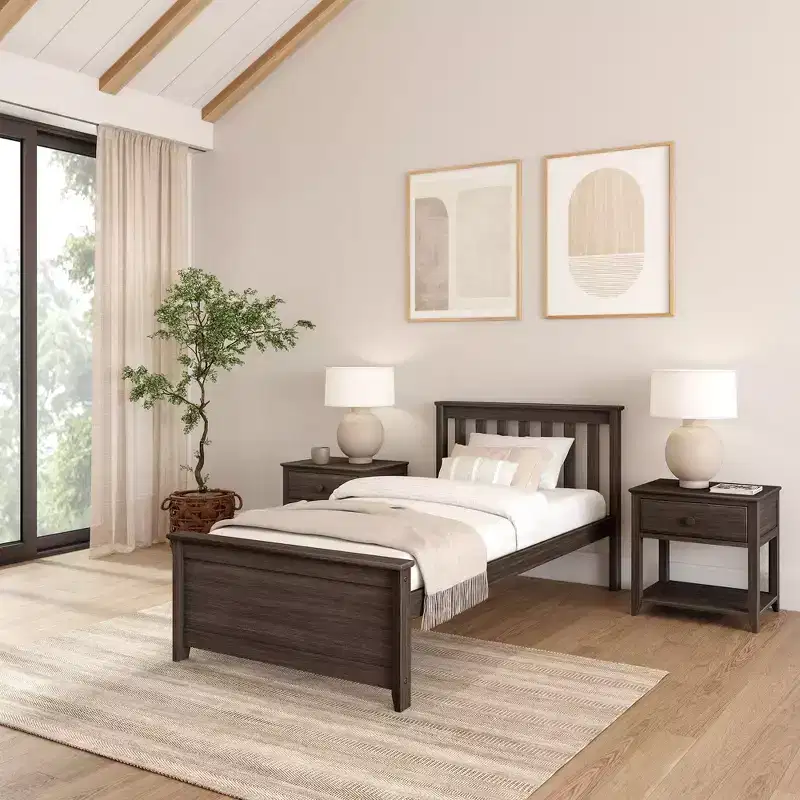 Solid Wood Twin Platform Bed Frame with Slatted Headboard, 400 lb Capacity