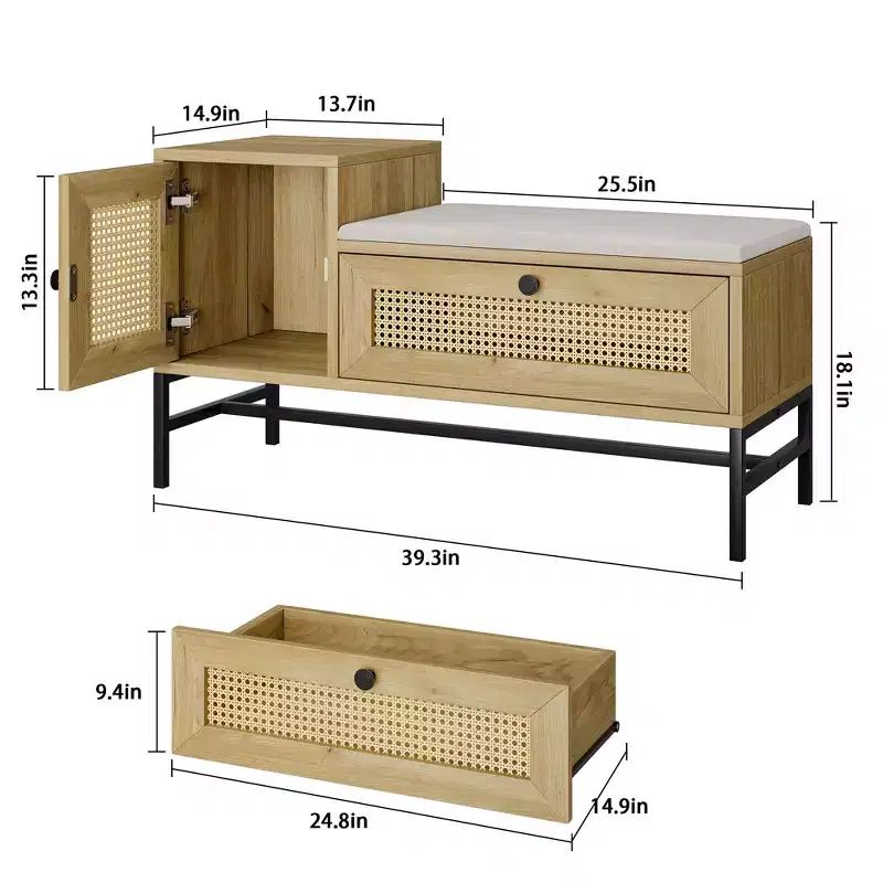 Rattan Shoe Bench with Storage Drawer, Wooden Entryway Bench with Linen Seat Cushion for Hallway and Bedroom