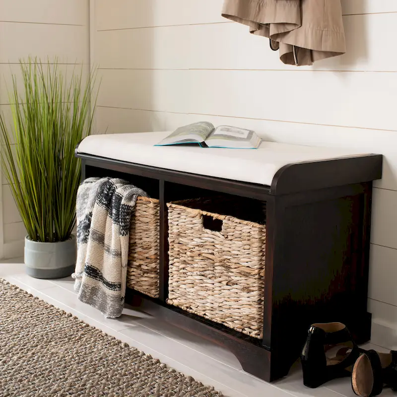 Storage Bench with Woven Baskets & Linen Seat, Pine Wood Frame, Entryway or Bathroom Use
