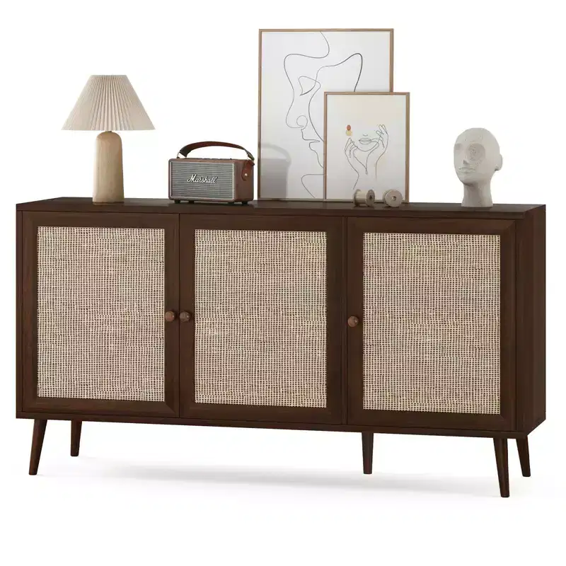 Okak Modern Sideboard Cabinet with 3 Rattan Doors, Storage Cabinet with 5 Legs, Kitchen Pantry Cabinet for Living Room, Entryway, Brown