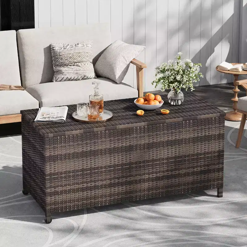Acekool Rattan Deck Storage Box with Wheels, PP Lid and Zip Liner, for Patio Pool Yard
