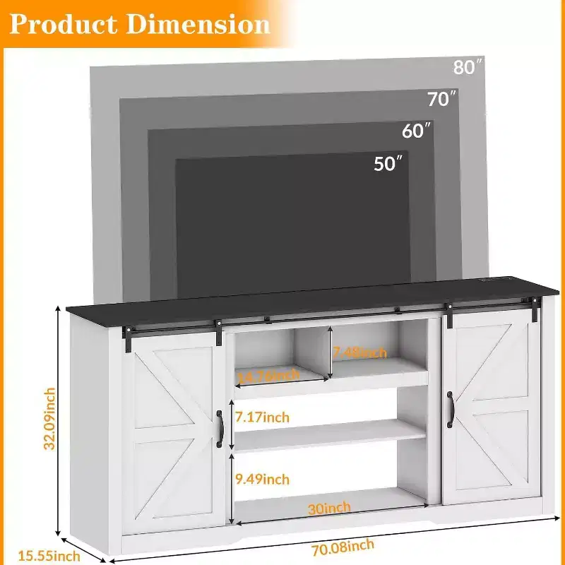 Farmhouse TV Stand for 80 Inch TVs, 70 Inch Media Console with Sliding Barn Doors & Storage Cabinets