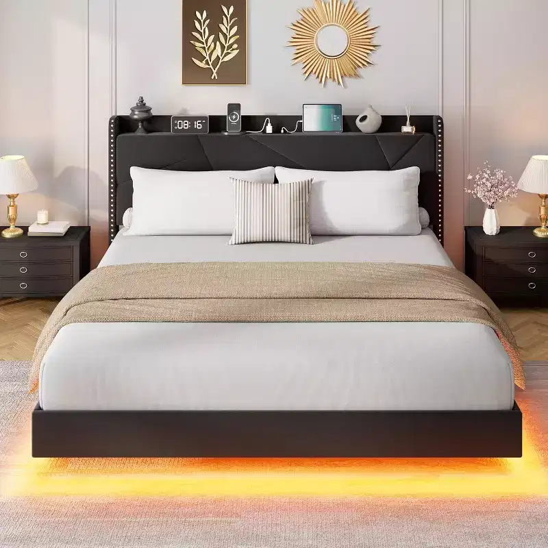Suspended Modern Upholstered Platform Bed Frame with LED Lights and Sockets, Headboard, Sturdy Wooden Slats Support, Quiet and Easy to Assemble
