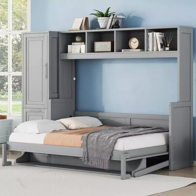Full/Queen Murphy Bed, Wooden Cabinet Bed Wall Bed with Closet and Drawers, Folding Bed for Guest Room Small Room