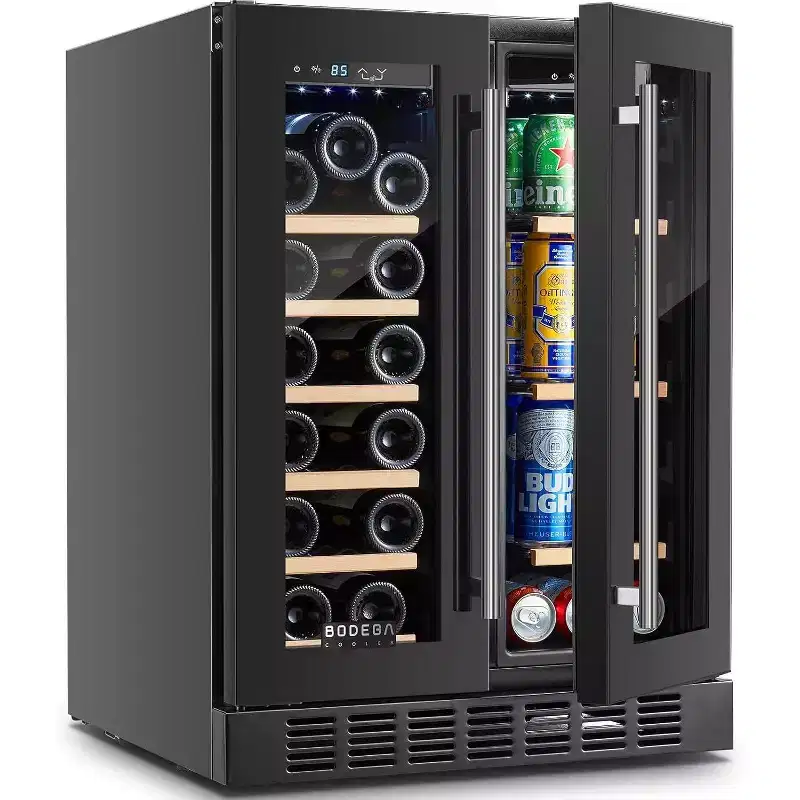 24-inch fridge,20 Bottles & 57 Cans,Double Glazed Glass Door Cooler,LED light,Adjustable shelves,LCD Screen Control,stainless steel handle