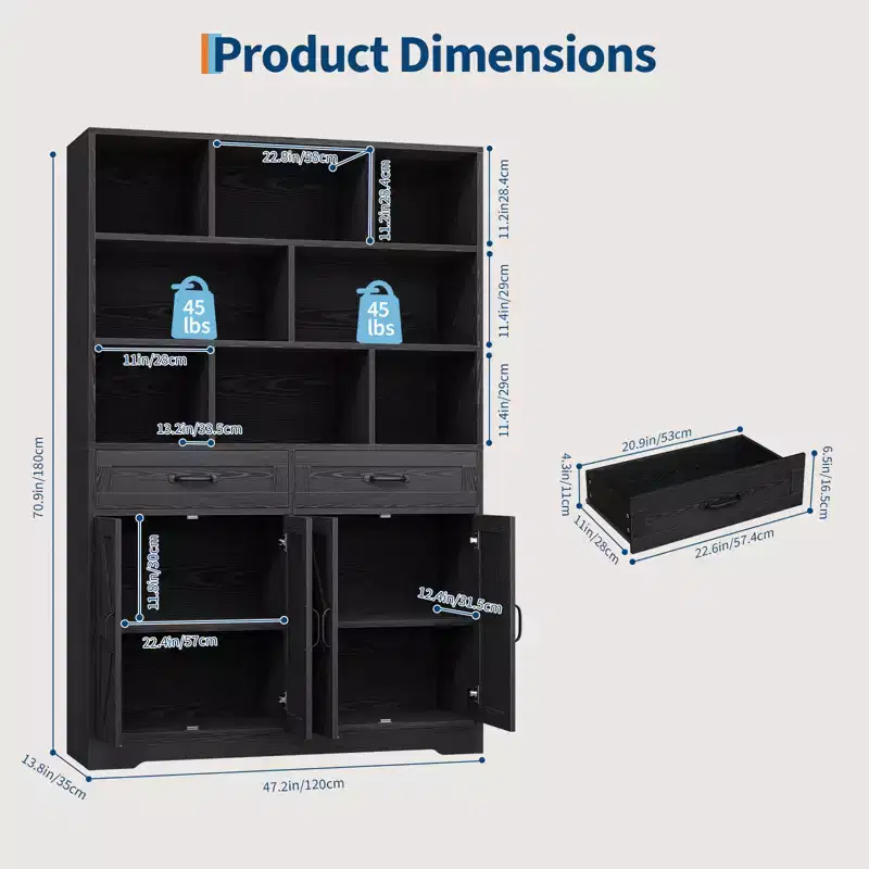71 Tall Bookcase with with 2 Drawers, 5 Tier Wooden Bookshelf with Adjustable Shelves, Floor Standing Open Display Shelves for Living Room