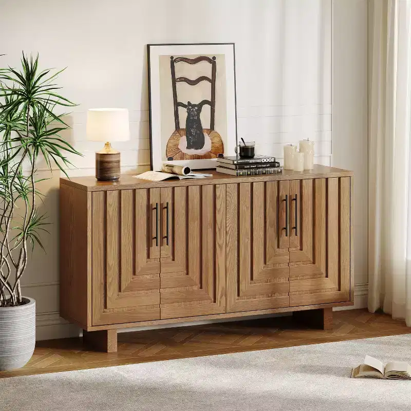 Modern 4-Door Sideboard Constructed with MDF and Ash Veneer, Featuring Metal Handles and Natural Finishes, Perfect for Dining Rooms