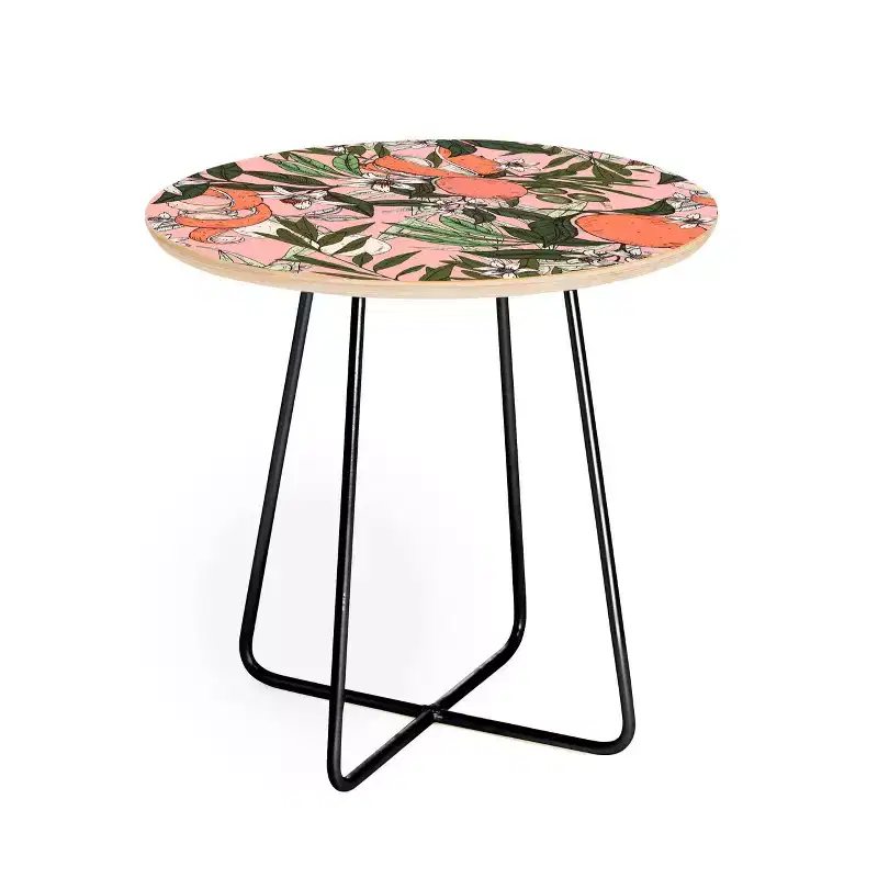 Round Marta Barragan Camarasa Olives In The Orange Flowers Side Table Pink/Black - Deny Designs: Stain-Resistant Steel Frame