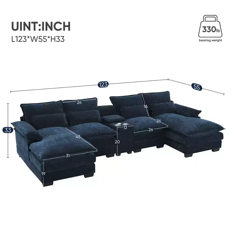 Whisen Modern Design Chenille U-shaped Sectional Sofa with Cup Holders and USB Charger