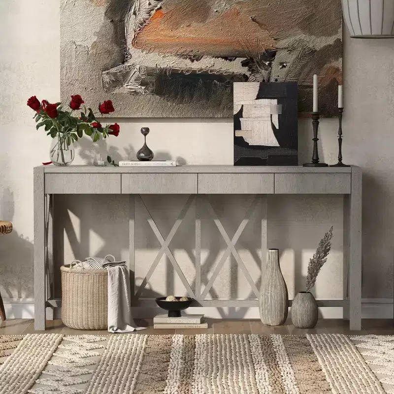60 Acacia Wood Console Table with 4 Drawers, Farmhouse Entryway Table with X-Leg Design, Slim Sofa Table for Living Room, Kitchen, Hallway