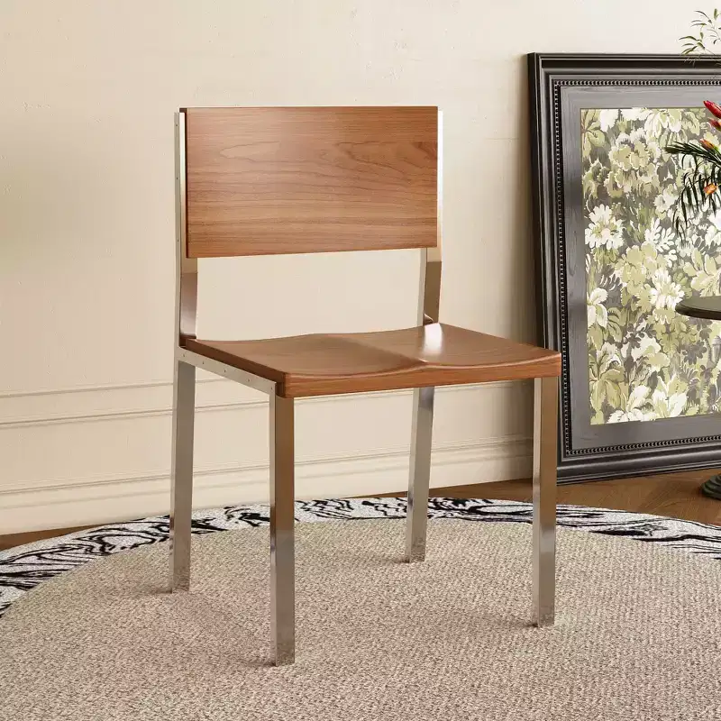 Minimalist Modern Dining Chair (Set of 2) - Stainless Steel Frame & Solid Wood Seat