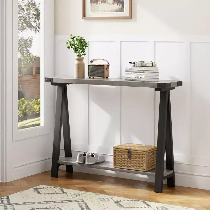 Console Table Entryway Table - 43.3'' Farmhouse Narrow Console with Storage, 2 Tier Sofa Table with Metal Frame & MDF