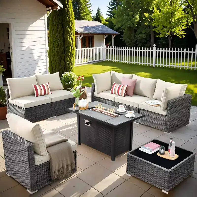 Ovios Venice 8pc Wicker Outdoor Patio Furniture Set Conversation Sofa with a Metal Fire Pit and Cushions