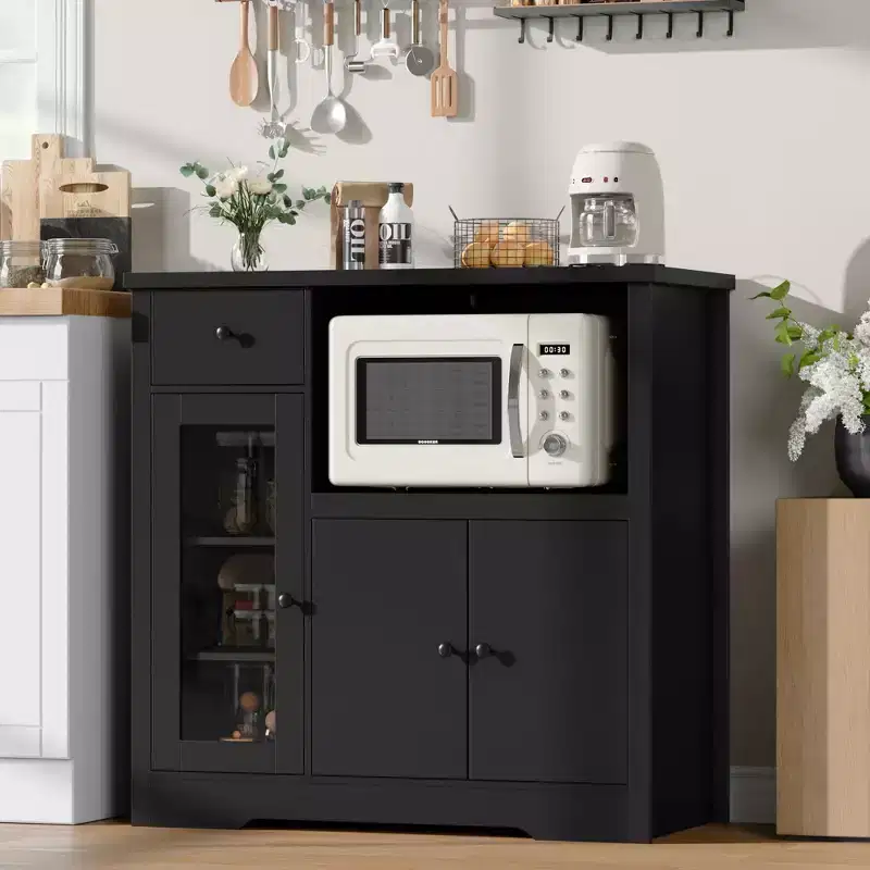 Whizmax Microwave Cabinet, Modern Buffet with Glass Doors & Adjustable Shelf, Wooden Sideboard with Storage Drawers & Wide Top for Dining/Living Room