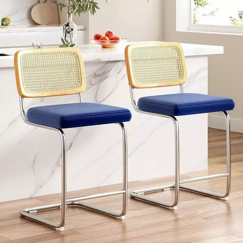Royal Blue Counter Height Bar Stools, Upholstered Velvet Barstools with Rattan Back 24 inch Stools Armless Bar Chairs for Kitchen Island (2-Pack)