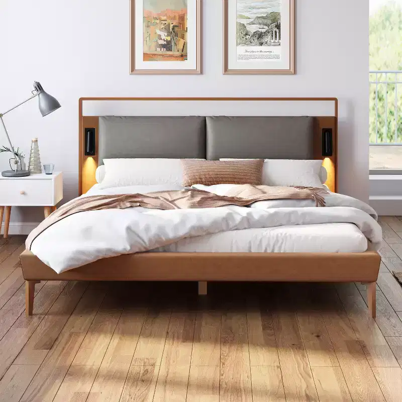 Christopher Knight Home Carina Contemporary Faux Leather Platform Bed with 2 Night Lights, Brown/Gray